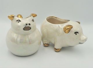Vintage Pig Pigglet Shape Creamer & Sugar Bowl White/cream Lusterware Gold Trim