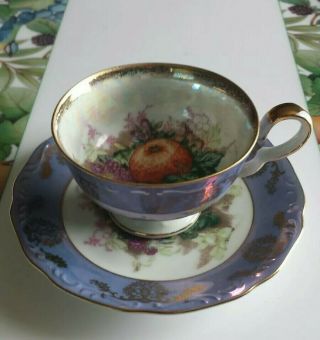 Royal Halsey Very Fine Footed Tea Cup & Saucer Iridescent Luster Purple Fruit S