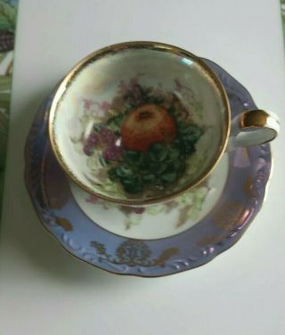 ROYAL HALSEY Very Fine footed tea CUP & SAUCER Iridescent Luster Purple Fruit S 3