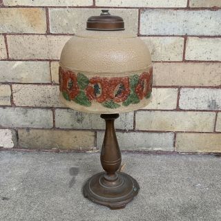 Vintage Table Lamp Reverse Painted Red Floral Poppies Glass Shade