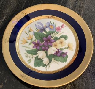 French Limoges Floral Porcelain Decorative Plate With Cobalt Blue And Gold Trim