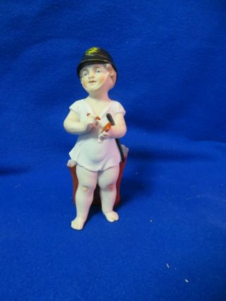 Vintage Porcelain Bisque Match Holder,  Child As A Bobby Writing Ticket