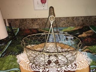 Vintage Medium Size Metal Chicken Wire Egg Basket With Wrapped Handle Farmhouse