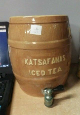 Antique Stoneware Pottery Ice Tea Crock With Spout Brown Barrel Style Katsafanas