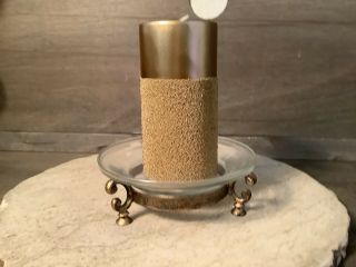 Rustic Gold Iron 3 Footed Candle Holder,  Glass Plate And Gold Sparkling Candle