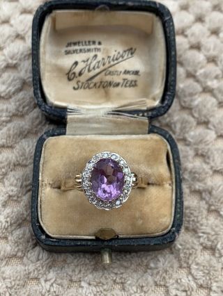 Stunning Vintage 9ct Gold Amethyst & Diamond Cluster Ring