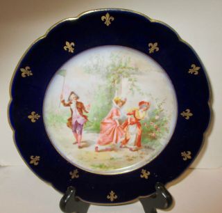 J Pouyat Limoges France Porcelain Plate Cobalt Trim Victorian Scene