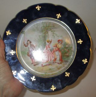 J Pouyat Limoges France Porcelain Plate Cobalt Trim Victorian Scene 3