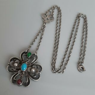 Antique Austro Hungarian Silver Garnet Pearl Turquoise Necklace Vtg Jewellery