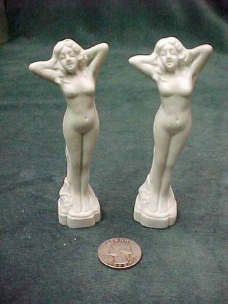 Pair Antique Miniature Bisque Nude Woman Bathing Beauty Figurine Statue Japan