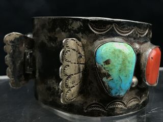 Vtg Huge 109g Old Pawn Navajo Sterling Turquoise Coral Watch Cuff Bracelet