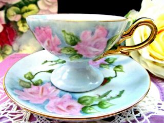 Made In Japan Tea Cup And Saucer Demi With Painted Pink Roses Footed Teacup