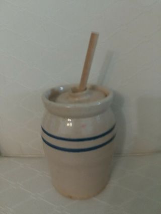 Vintage Stoneware Crock With Blue Stripes 6 Ins Tall