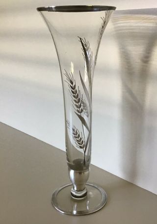 Vintage Sterling Silver Overlay 12” Crystal Vase Wheat Pattern