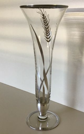 Vintage Sterling Silver Overlay 12” Crystal Vase Wheat Pattern 2