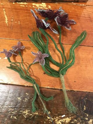 Two Handmade Vintage French Beaded Flowers Stems Sprays 12 " & 15 " Tall Purple