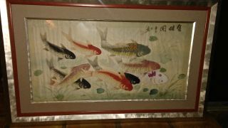 Vintage Signed Japanese Oriental Asian Watercolor Koi Fish On Silk Fine Art Deco