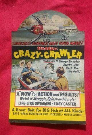 Vintage Heddon Crazy Crawler Fishing Lure Cardboard Die Cut Store Display Nos