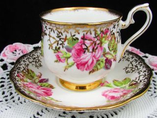 Royal Albert Pink Enamel Roses Gold Gilt Overlay Fluted Tea Cup And Saucer