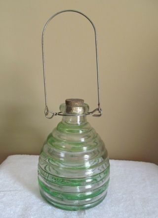 Antique Green Clear Glass Bee Wasp Catcher Trap Insect With Cork Stopper