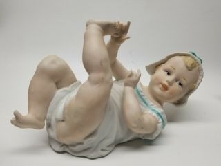 Vintage Piano Baby Porcelain Figurine Blonde Bonnet Blue Ribbon 9 - 1/2 " Long
