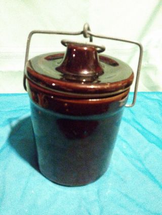 Vintage Brown Glazed Cheese/butter Stoneware Crock With Wire Bail Lid & Seal