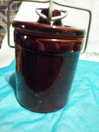 Vintage Brown Glazed Cheese/Butter Stoneware Crock with Wire Bail Lid & seal 2
