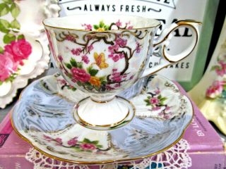 Royal Halsey Tea Cup And Saucer Butterfly Floral Blossom Teacup Japan 1930s