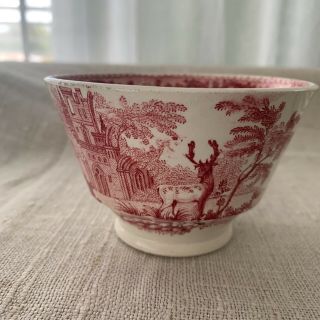 Antique Staffordshire Handleless Cup Deer W/ Castle Red Transferware