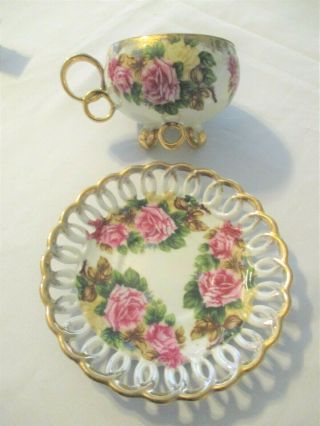 Vintage Royal Sealy Lusterware Tea Cup And Saucer Roses Gold Gilt Tri Footed Cup