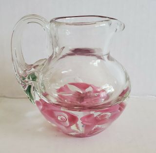 St.  Clair Art Glass Pitcher Paperweight Pink Trumpet Flower With Bubbles