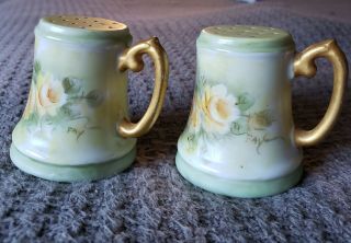 Vintage Hand Painted Porcelain Salt & Pepper Shakers Yellow Roses Handle