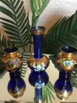 Set Of 3 Cobalt Blue Glass Vases Gold / Enamel