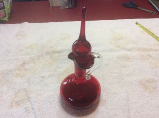 Vintage Mcm Blenko Ruby Red Glass Decanter With Stopper - 10.  5” Stunning