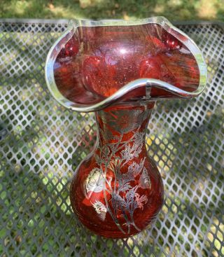 Antique Sterling Silver Overlay Red Glass Vase