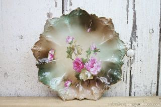 Antique Cabinet Plate Mz Austria Pink Yellow Roses Scalloped Rim Green Browns