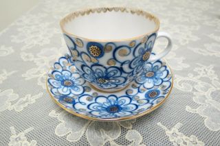 Vintage Cobalt Blue And Gold Tea Cup And Saucer Made In Russia