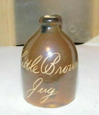 Antique Mini Clay Pottery Jug Brown - Incensed Little Brown Jug 3 " Tall