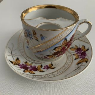 Vintage Intricate Floral Mustache Cup & Saucer - Pink/blue/orange With Gold Trim