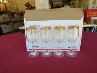 4 - Vintage Italian Gold Rimmed & Etched 7 1/8 " Tall Stemed Wine Glasses
