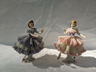Two Vintage Dresden Germany Porcelain Lace Dancers 4 " (1)