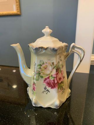 Antique Germany Luster Porcelain Tea/coffee Pot W/ Lovely Roses