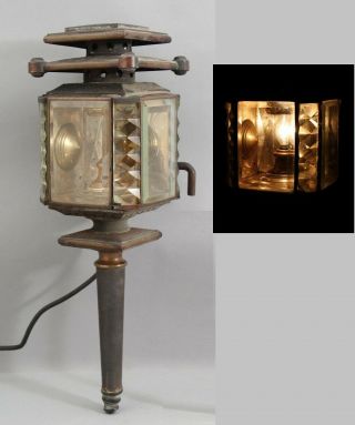 Rare Large 19thc Antique Automobile Carriage Light Lantern Lamp Faceted Lens,  Nr