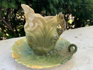 Antique Figural Frog Porcelain Creamer Pitcher Germany W Plate Early 1900s
