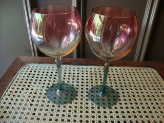 Antique Vtg Carnival Rainbow Iridescent Wine Glass Set Of 2 Stemware