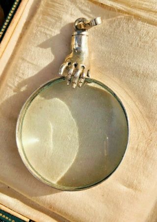Rare Victorian Antique Massive Silver Hand Magnifying Glass Pendant.