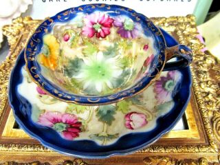 Nippon Tea Cup And Saucer Floral Painted Cobalt Blue Teacup Demitasse Japan