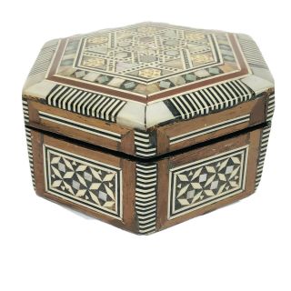 Vintage 1950s Handmade Egyptian Mother Of Pearl Inlay Handmade Wood Trinket Box