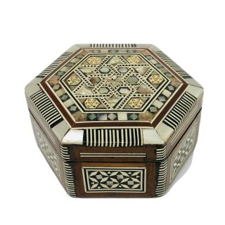 Vintage 1950s Handmade Egyptian Mother of Pearl Inlay Handmade Wood Trinket Box 2