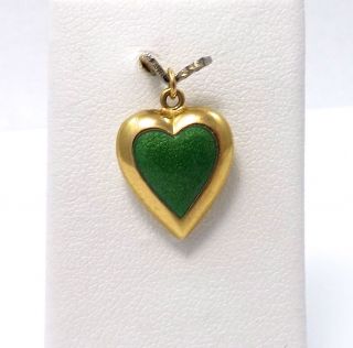 Vintage 18k Gold Green Enamel 2 Sided Puffy Heart Charm Pendant 1.  8 Gr